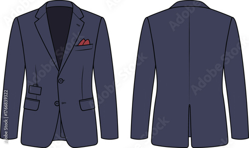 Men’s navy blazer front and back view, tailored fashion sketch, formal clothing vector template, cad drawing flat vector illustration