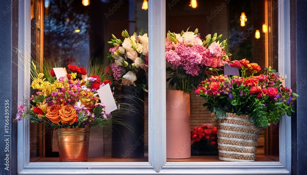 Obraz premium flower shop storefront with beautiful bouquets of flowers on display in the window