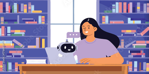 Student engaging with AI assistant on laptop in library, a modern concept of digital learning and future education technology