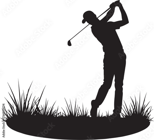 Silhouette of a golfer swinging a club on a grassy mound