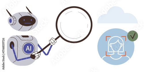 Robot with AI marking holding magnifying glass analyzing digital facial recognition scan. Approved user profile in highlighted frame with cloud backdrop. Ideal for AI, technology, automation