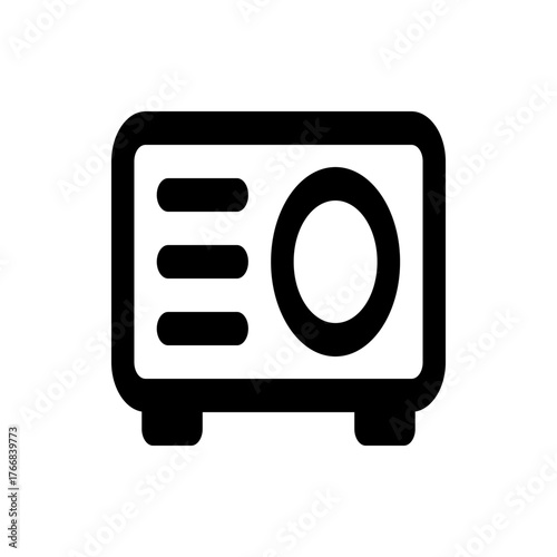 Illustration of a black and white safe with a circular knob and three horizontal bars on the left side