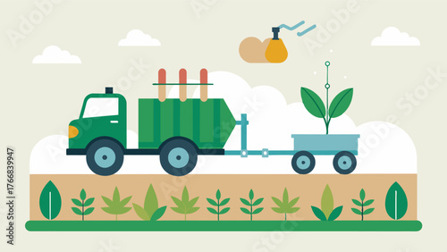 A mobile fertilizer injection system allowing farmers to easily move and adjust fertilizer application in realtime as crops grow.. Vector illustration