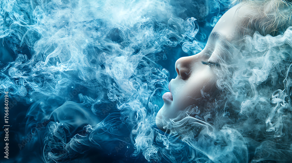 Fototapeta premium Serene face submerged in water, surrounded by swirling smoke, evokes sense of tranquility and mystery. eyes are closed, and expression is peaceful