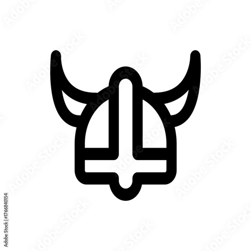 Illustration of a viking helmet with prominent horns and a central face guard in a minimalist style