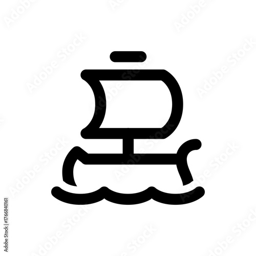 Black and white illustration of a viking ship sailing on wavy water with a simplistic and bold outline style