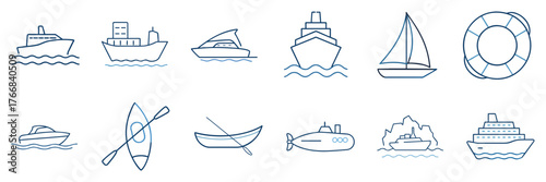 Set of icons of various boats, boats, liners from different years