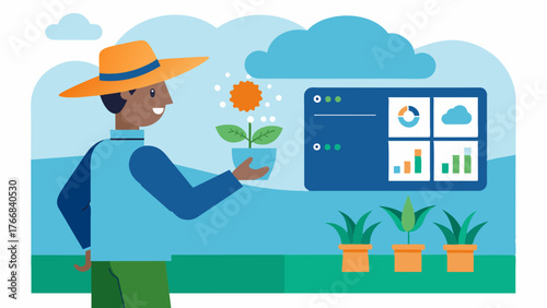 A farmer checking an integrated irrigation and weather forecast dashboard to plan their watering schedule for the week.. Vector illustration