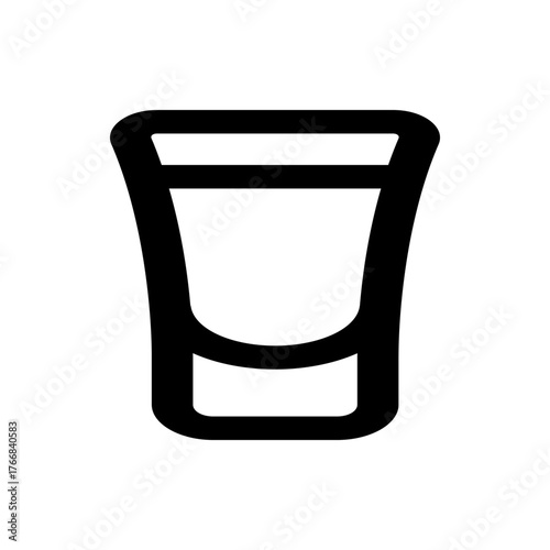 Illustration of a black outlined shot glass with a rounded rectangular base and a cylindrical body shape