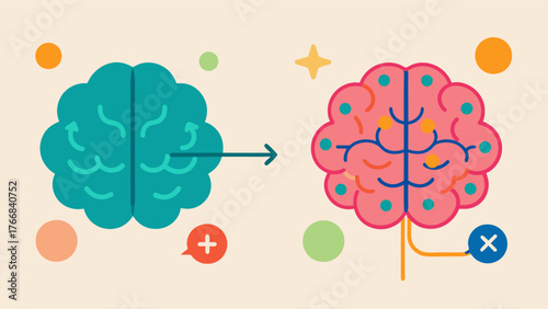 A before and after depiction of a persons brain showing increased neural growth and connectivity after participating in regular memory recall sessions.. Vector illustration