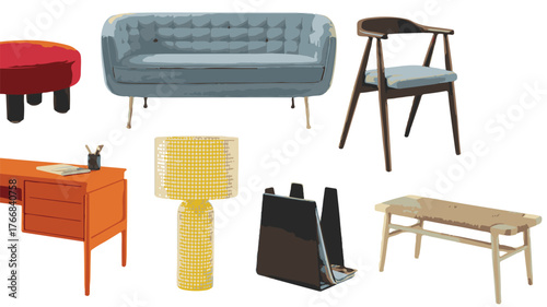 Assortment of Retro and Modern Furniture Pieces on White Background vintage mid-century