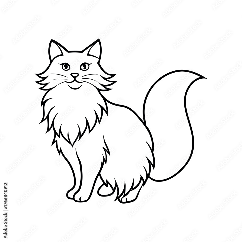 Obraz premium A majestic long-haired cat, like a Persian, rendered with flowing, wispy line art that captures the texture of its voluminous fur. Minimal internal detail