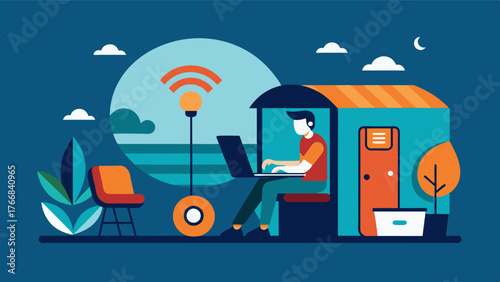An entrepreneur running their business from a tiny home connected to the internet through a reliable hotspot device.. Vector illustration