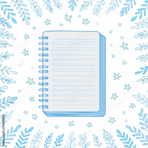 Notebook with blue pages and spiral binding surrounded by decorative leaves and stars