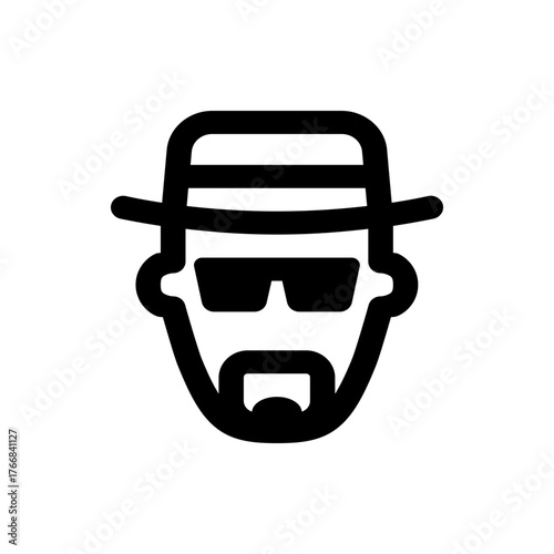 Stylized icon of a man with a hat and sunglasses featuring a goatee and a serious expression look