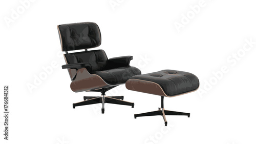 Black Leather Eames Lounge Chair and Ottoman on White Background wood veneer mid century modern