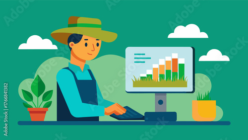 A farmer uses specialized software to analyze soil samples and determine the optimal amount and type of fertilizer needed for his crops.. Vector illustration