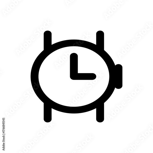 Illustration of a simple black and white wristwatch with a circular face and short hour hand showing time
