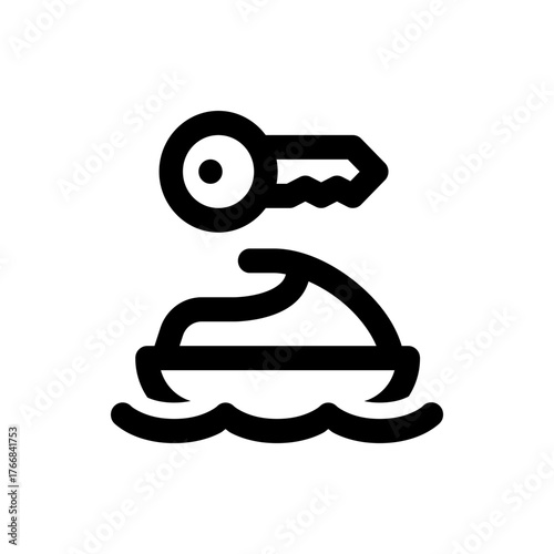 Icon of a jet ski on water waves with a key above it in black and white outline style vector illustration
