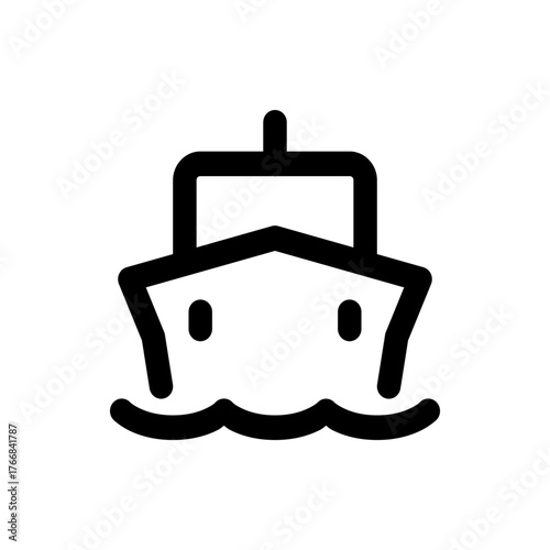 Simple black and white line drawing of a boat sailing on the ocean with waves on the bottom side view