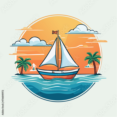 Sailboat at sunset with palm trees nautical illustration
