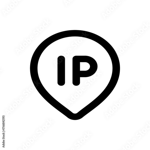Illustration of a black location pin with the letters ip inside on a white background in a simple style