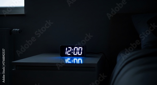 Glowing Digital Alarm Clock Reflecting 12:00 on a Bedside Table in a Dark Bedroom, Evoking Midnight and Serenity