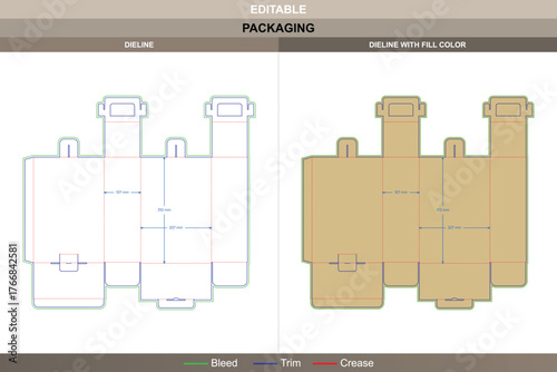 Custom tuck end box with side buckles dieline designed in vector format clean printing workflow and reinforced packaging panels with precise die line placement for closure strength