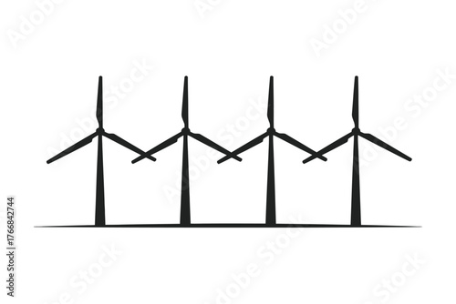 Stylized hand drawn wind turbines in a row on white background