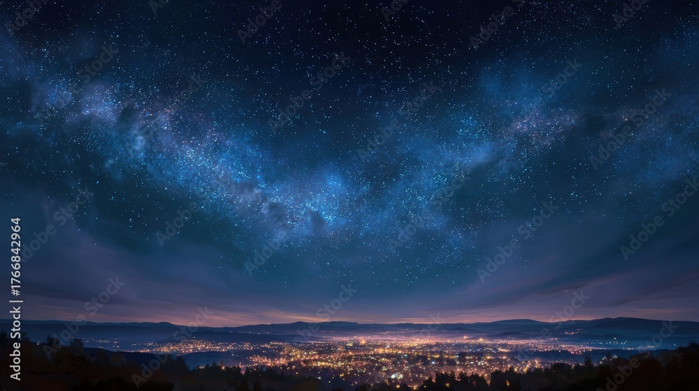 Fototapeta premium Captivating night sky over a glowing city filled with stars and twinkling lights