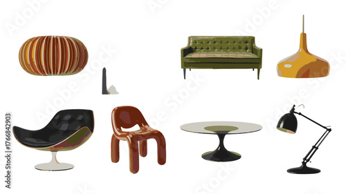 Mid-century Modern Furniture and Lighting Collection on White Background retro vintage