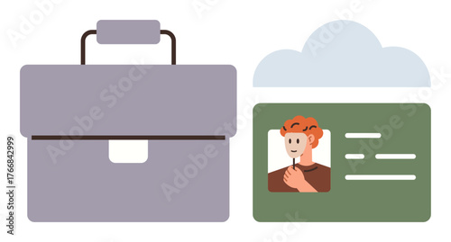 Gray briefcase and green ID card with photo beside a cloud shape. Ideal for employment, professionalism, digital storage, career identity, job applications, organization, remote work. Simple flat