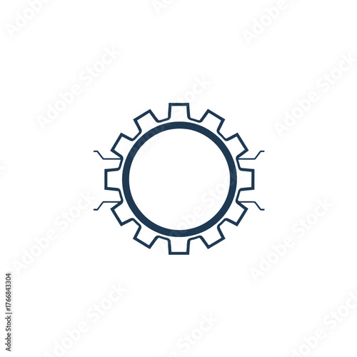 A blue gear outline with protruding lines, centered on a white background.