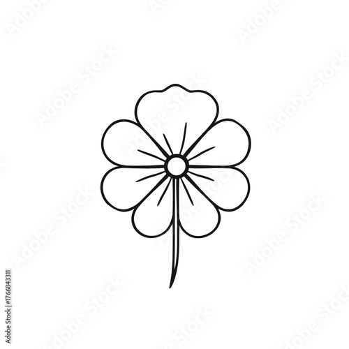 Simple line drawing of a four-leaf clover with a stem, isolated on a white background.