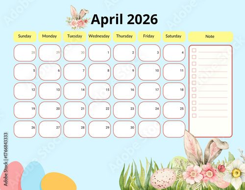 2026 Monthly calendar, Pastel seasonal 