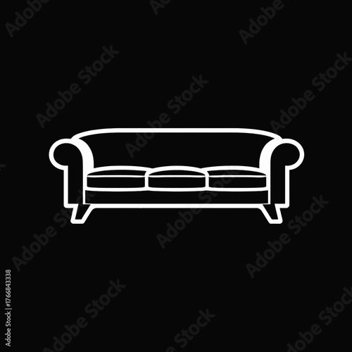 White outline illustration of a classic three-seater sofa on a solid black background.