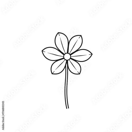 Simple line drawing of a flower with six petals and a stem on a white background.