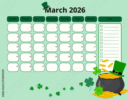 2026 Monthly calendar, Pastel seasonal 