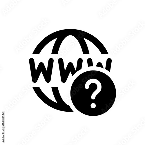Black and white icon of a globe with www and a question mark indicating internet help and support issues