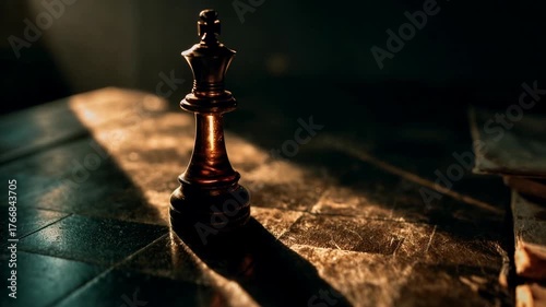 Dramatic light isolates a chess king on worn parchment, telegraphing strategy, patience, and checkmate thinking—crafted for leadership messaging, competitive positioning, and decision‑making content
