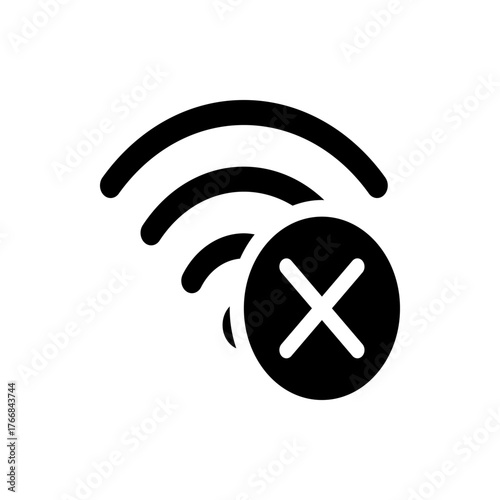 Illustration of a black wifi symbol with a cross inside a circle indicating no connection and disconnection