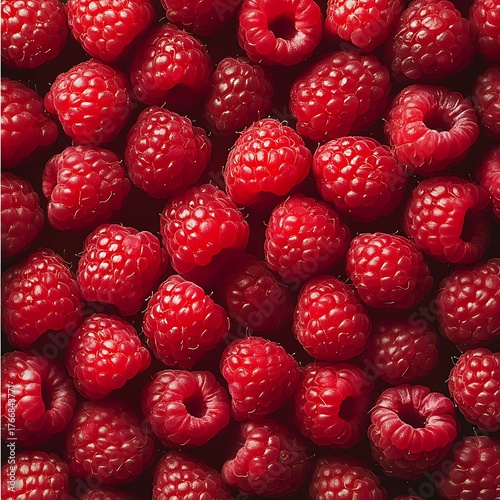 Close Up Overhead View of Fresh Red Raspberries fruit photo