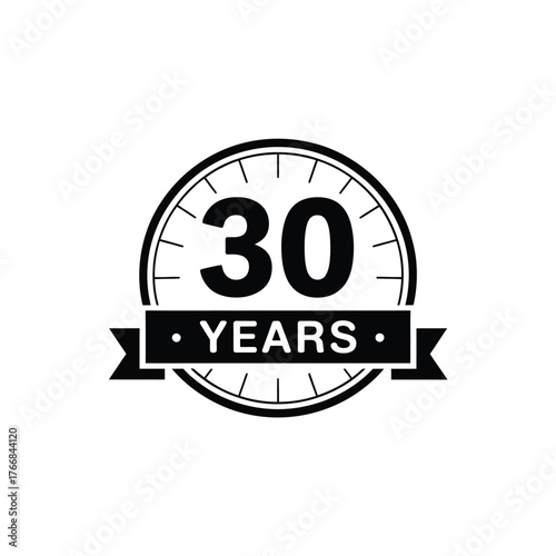 Thirty year anniversary emblem with ribbon and clock face design