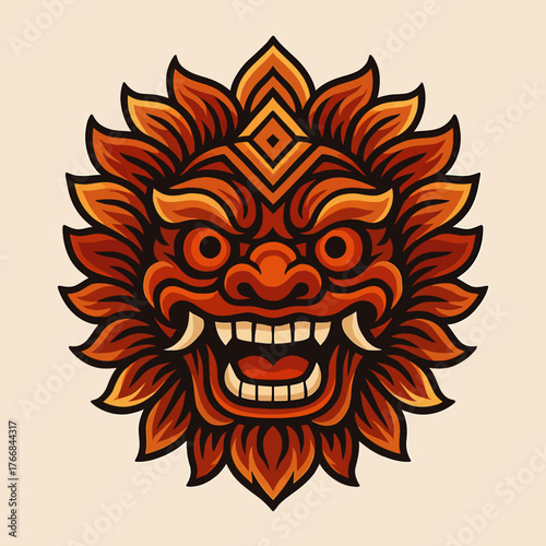 Intricate and Fierce Balinese Barong Mask Illustration with Fiery Color Palette and Detailed Textures