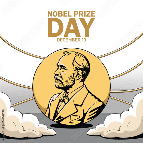 Nobel Prize Day December 10th illustration on white sunburst background