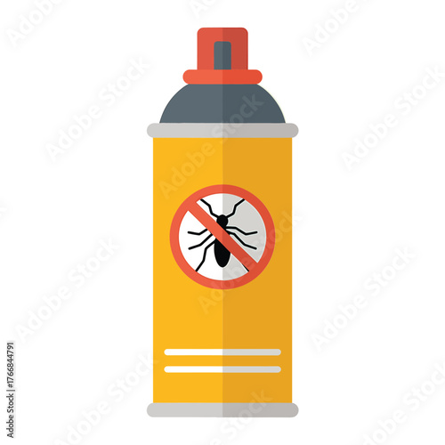 Yellow aerosol can with red cap and insect control symbol on white background