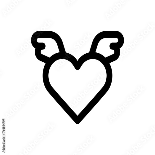 Heart outline with small wings attached to the top corners in a simple black line drawing style design