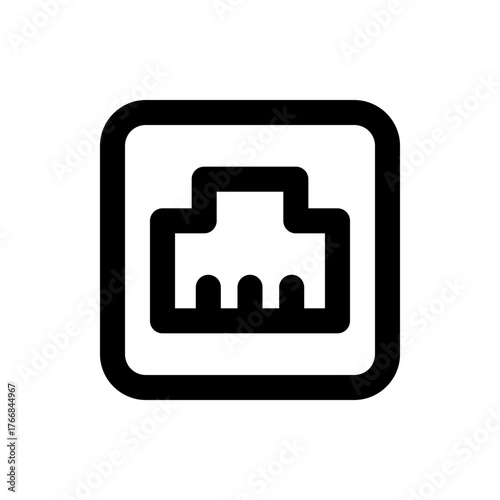 Black ethernet port icon inside a rounded square representing network connection and data transfer system