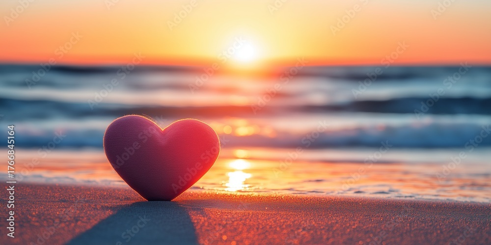 Fototapeta premium Heart shaped object on beach at sunset with waves gently lapping in front and soft pastel sky above