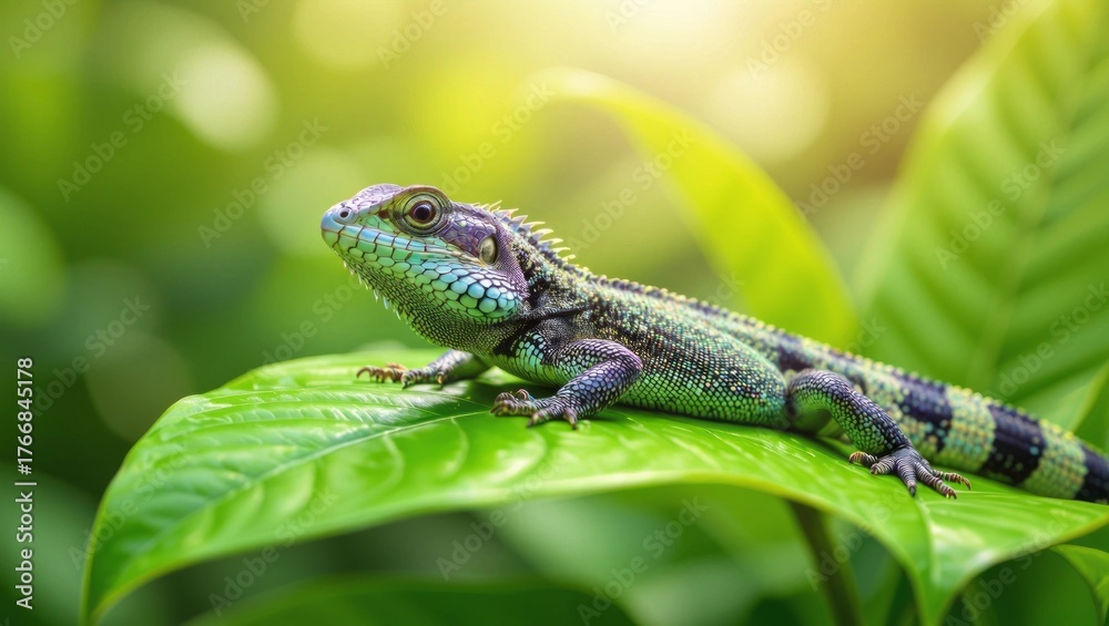 Fototapeta premium A vibrant green lizard rests on a large tropical leaf in the soft sunlight.